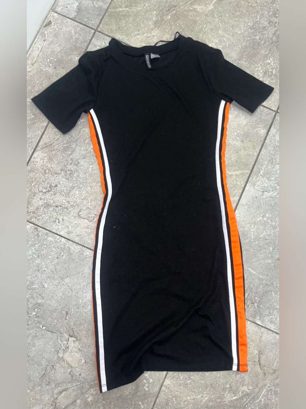 Black Side-Stripe Bodycon Dress with Orange Accents